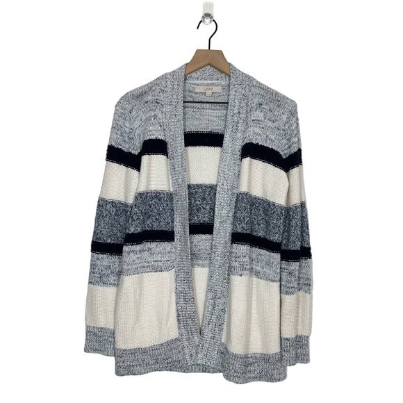 LOFT Cardigan Sweater Women's Size Small Blue Marled Striped Knit Open Front - Picture 1 of 9